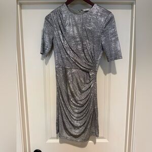Alice + Olivia Metallic Silver Ruched Midi Dress